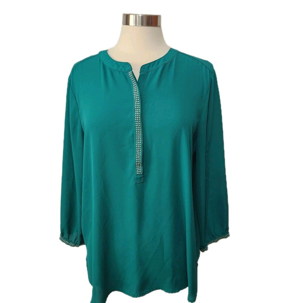 JM COLLECTION Womans Top XL Green Long Slv Hidden Button Front Studs Pullover